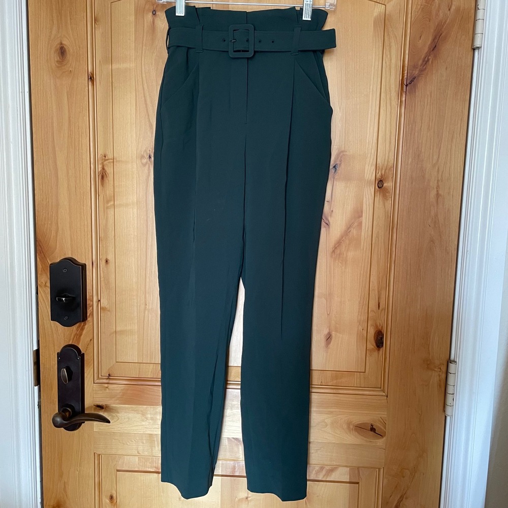 Babaton Aritzia Belted Trousers High Waisted Dress Pants Green Workwear Elevated
